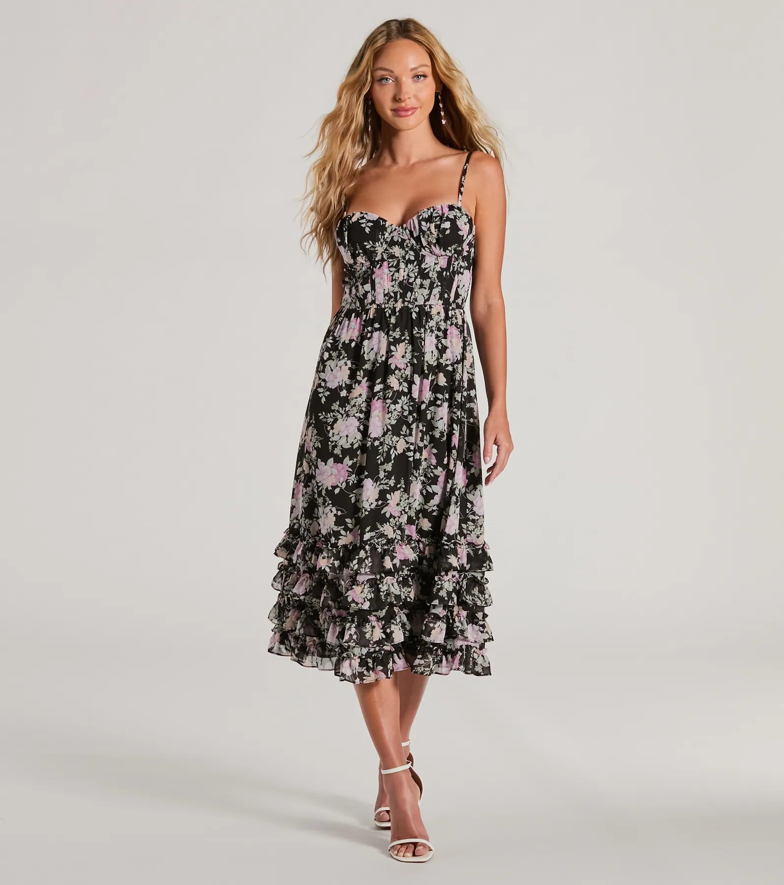 Pink Dresses for Feminine -Elevated Occasion Sweetheart Floral A-Line Midi Dress