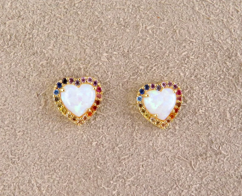 Drop Earrings for Beach Outfit -Multicolor Opal Heart Post Earrings