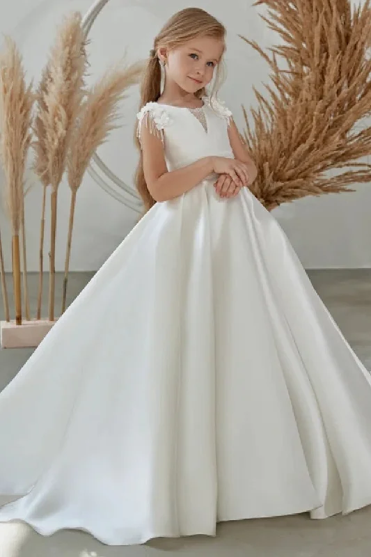 Punk Dresses with Spikes -A-Line Scoop Neck Sleeveless Satin Court Train Flower Girl Dresses 738005217304