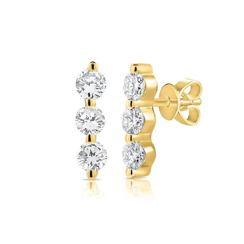 Drop Earrings with Hammered Finish -Joelle Collection Diamond 3 Stone Bar Earrings 0.20Ct 14K Yellow Gold Stud Earring