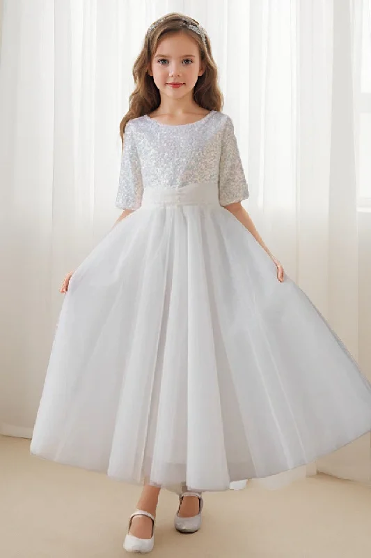 Solid Color Dresses for Simple -A-line/Princess Scoop Neck Tea-Length Tulle Sequined Flower Girl Dress 822092827358