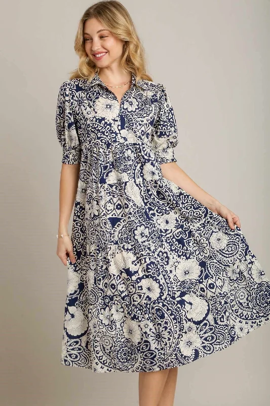 Evening Dresses for Formal Events -Paisley Party Navy Midi Dress