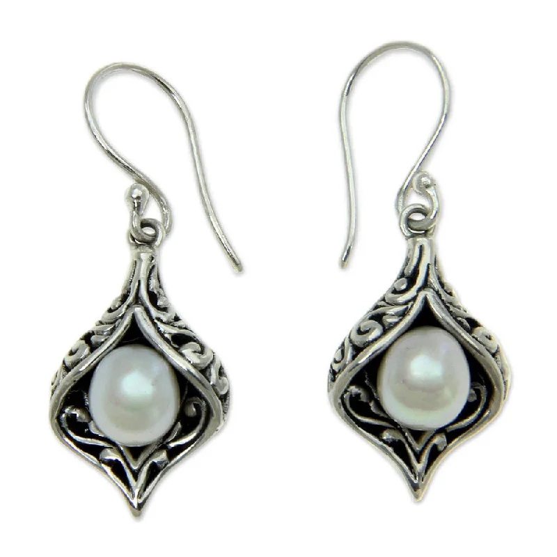 Drop Earrings with Crown Designs -Handmade Sterling Silver Lily of Bali Pearl Earrings (6.5 mm) (Indonesia)