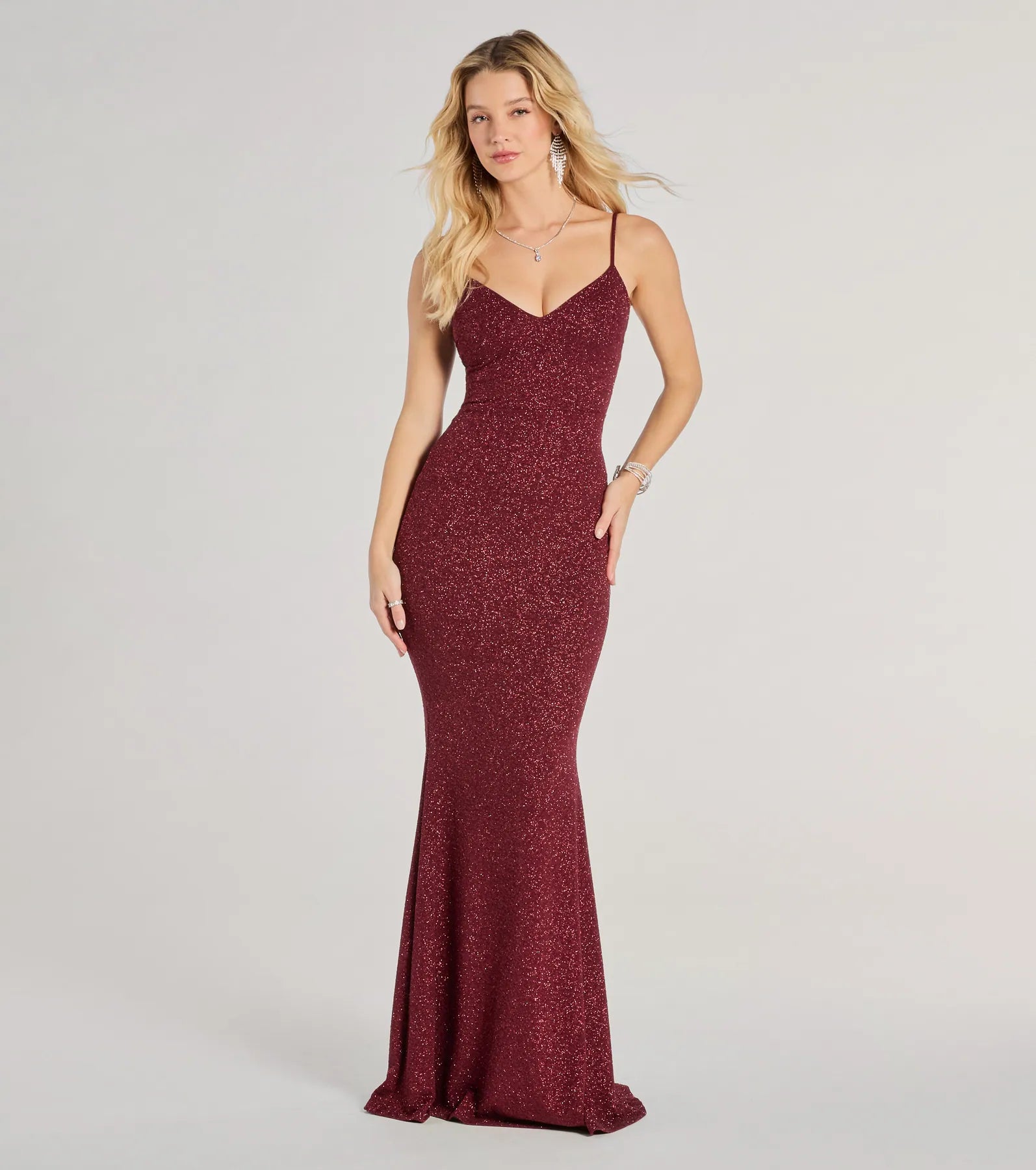 Midi Dresses for Versatile Wear -Tricia V-Neck Open Back Mermaid Glitter Formal Dress