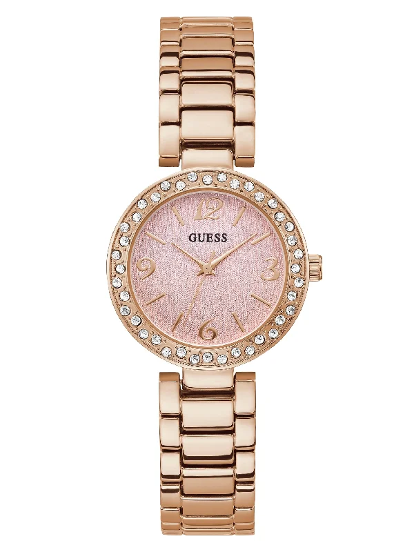 Classic round face watches for women with simple and clean dial -Rhinestone Rose Gold-Tone Analog Watch