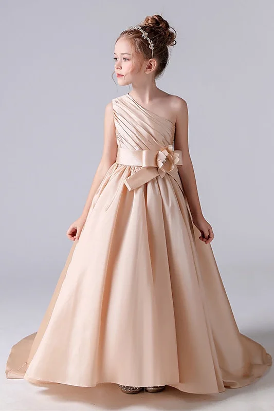 Party Dresses for Celebration -A-Line One Shoulder Neck Sleeveless Sweep-Brush Train Satin Flower Girl Dresses 676333790144