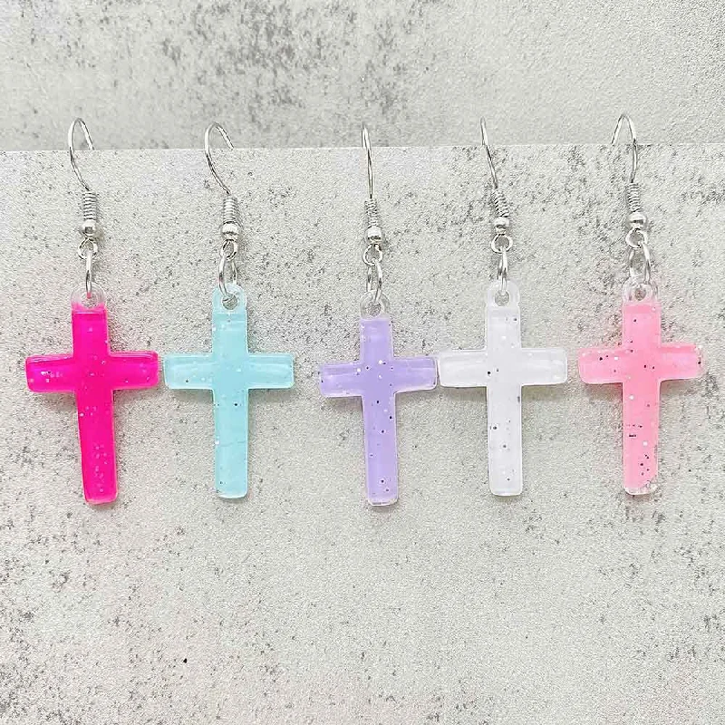 Leverback Drop Earrings for Comfort -Wholesale Stylish Glitter Cross Resin Drop Earrings