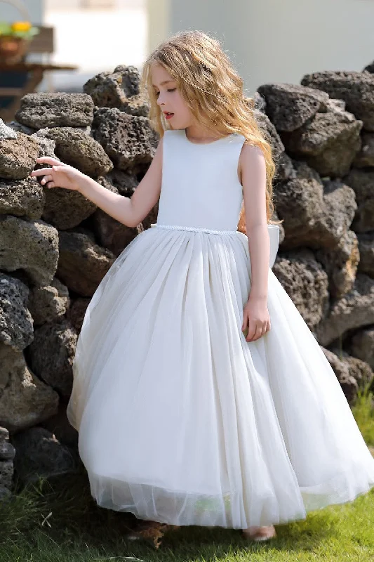 Cocktail Dresses for Party Time -A-Line Scoop Neck Sleeveless Floor-Length Satin/Tulle Flower Girl Dresses With Bow(s)  744500696201