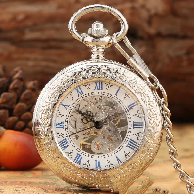 Automatic watches for men with mechanical movement and premium materials -Creative Fashion Transparent Flip Roman Digital Manual Manipulator Pocket Watch