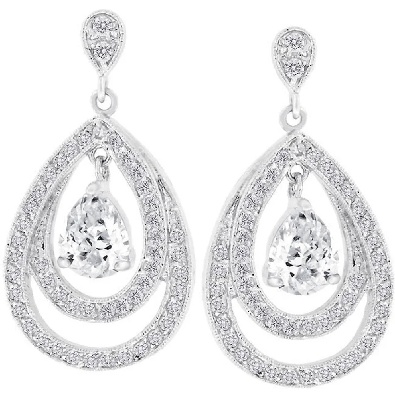 Drop Earrings with Wave Designs -Cubic Zirconia Milan Earrings with Rhodium Plated - 35 Mm X 19 Mm W X 5 Mm H