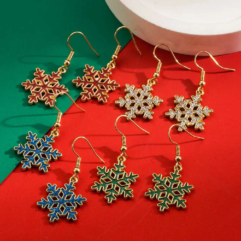 Drop Earrings with Wave Designs -Wholesale Christmas Alloy Dripping Oil Snowflake Hollow Niche Design Sense New Year Earrings