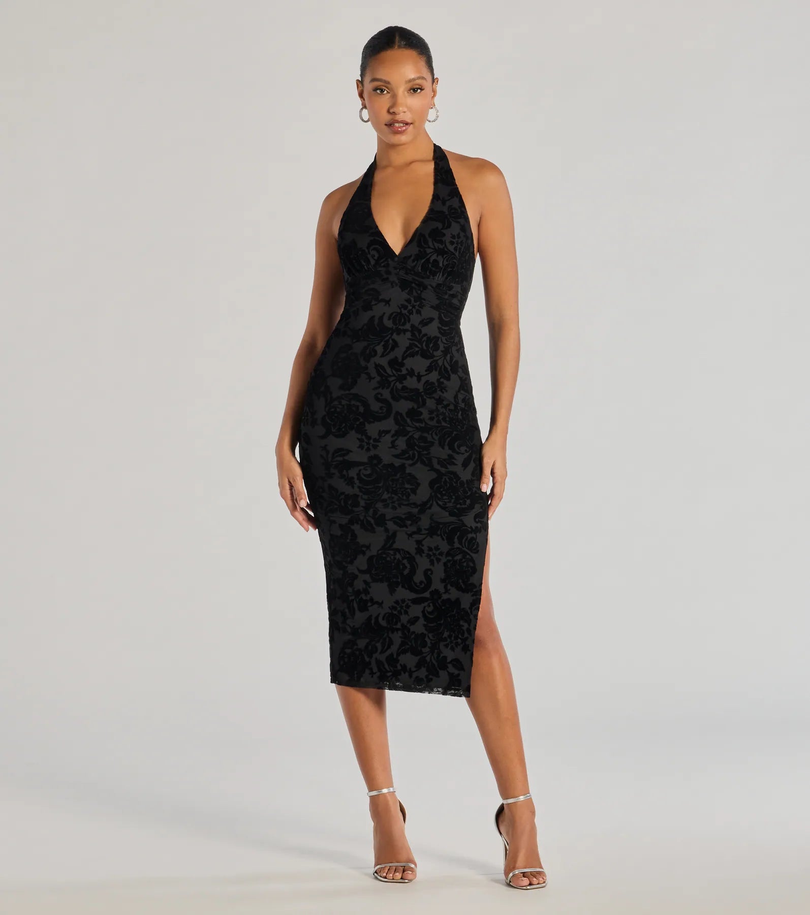 Maximalist Dresses for Bling -Refined Charm Flocked Velvet Halter Midi Dress