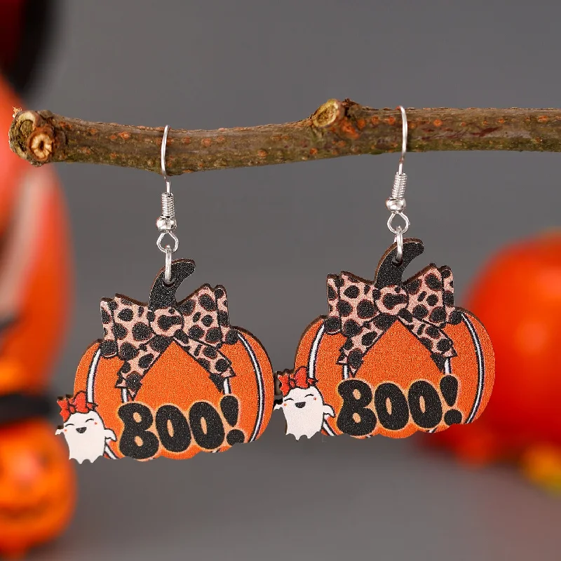 Clip On Drop Earrings for Non Pierced -Wholesale Gothic Cowboy Style Wooden Funny Pumpkin Halloween Earrings