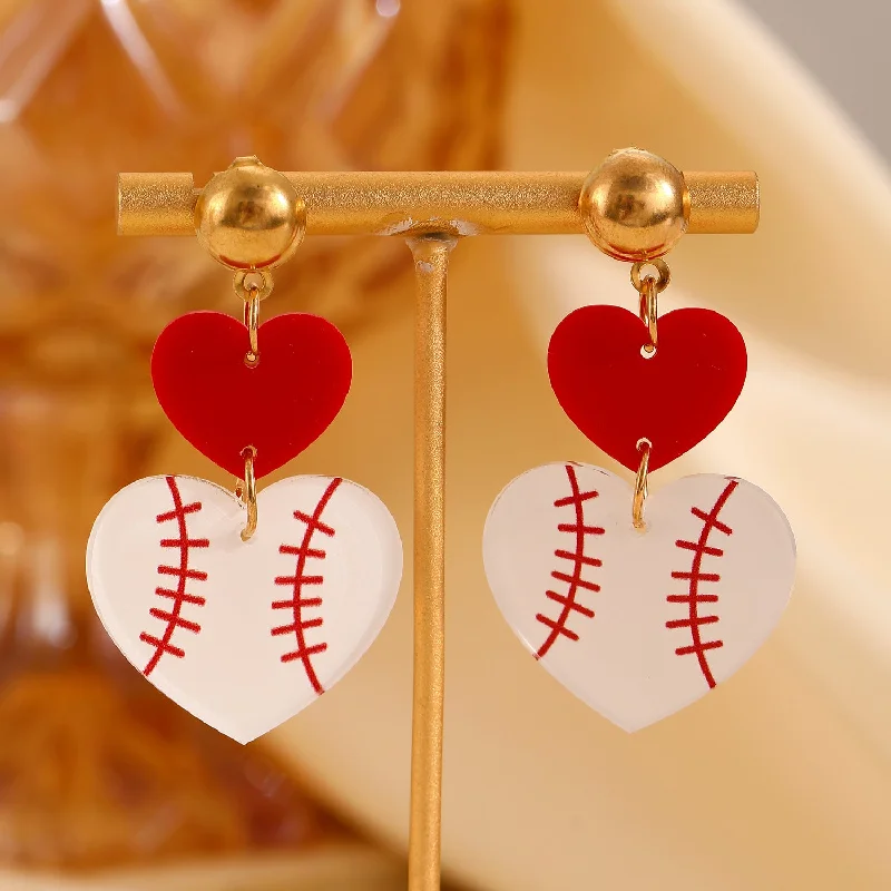 Drop Earrings with Polished Shine -Wholesale Vintage Acrylic Heart Panel Double Heart Rugby Drop Earrings