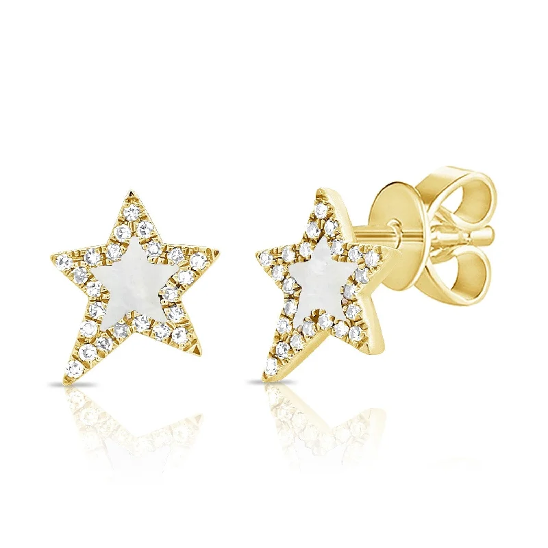 Drop Earrings with Textured Surface -Joelle Collection Diamond & Mother Of Pearl Star Studs Earrings 14K Gold 1/10ct TDW