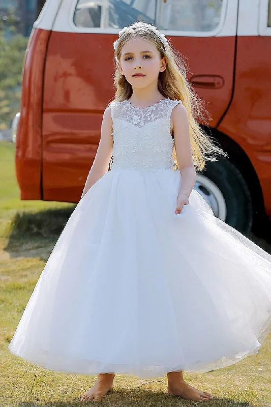 Blue Dresses for Classic -A-Line/Princess Illusion Neck Knee-Length Lace Tulle Flower Girl Dress 744728958346