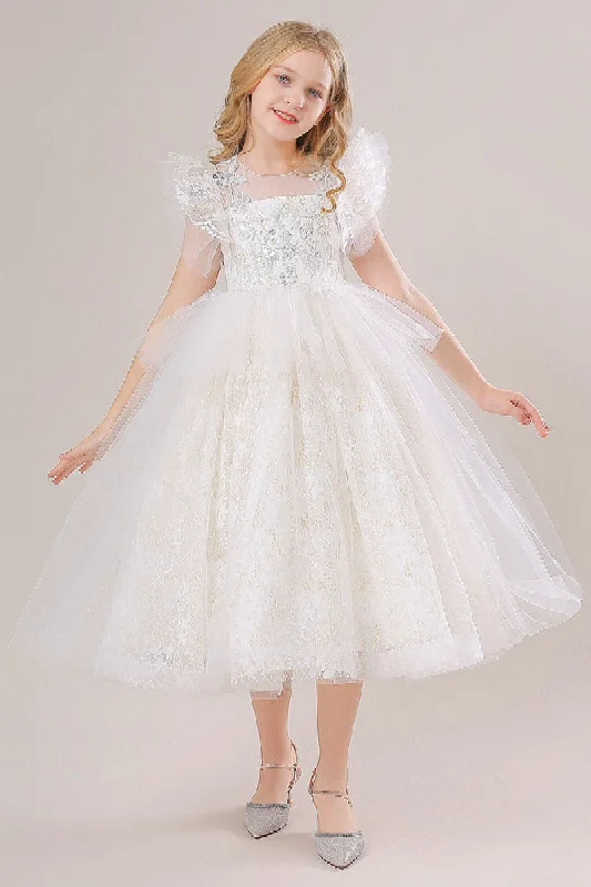 Anniversary Dresses for Special -A-Line Illusion Neck Short Sleeves Midi Lace Flower Girl Dresses 749518906079