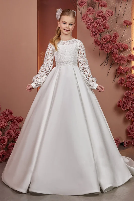 Halter Dresses for Chic Style -A-Line Scoop Neck Long Sleeve Satin Sweep-Brush Train Flower Girl Dresses With Lace 738781084079