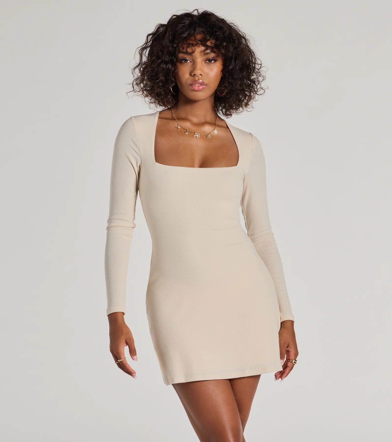 Cotton Dresses for Comfort -Casual Luxe Long Sleeve Ribbed Knit Mini Dress