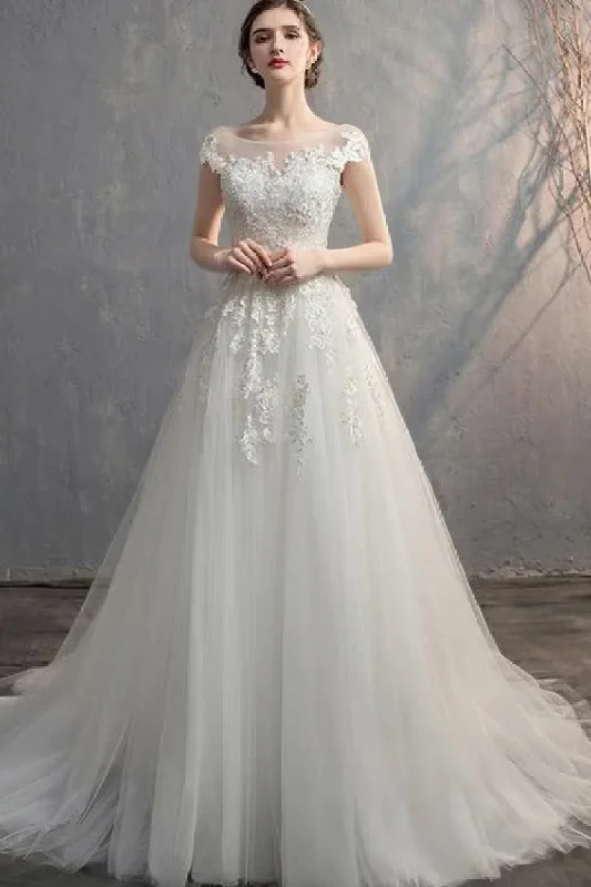 Flared Dresses for Retro -A-Line Sweep-Brush Train Lace Tulle Wedding Dress 774150163562