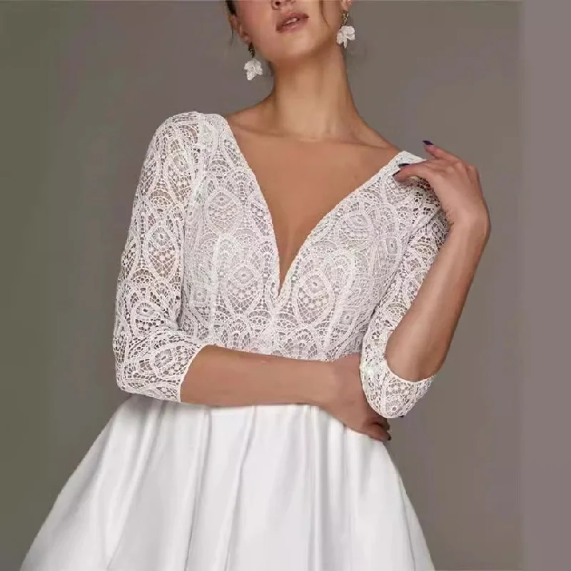 Fashionable Dresses for Style -Bridal Deep V-neck Slim Lace Mid-length Long Sleeve Wedding Dress