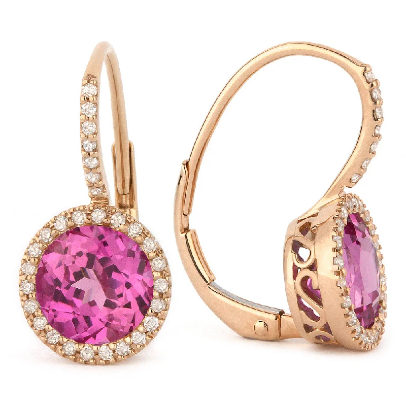 Drop Earrings with Floral Motifs -7Mm 3.13Ct Created Pink Sapphire Drop/dangle Earrings In 14K Rose Gold