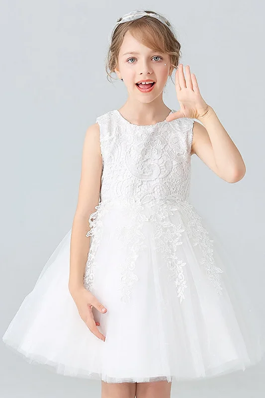 Resort Dresses for Vacation -A-Line Scoop Neck Sleeveless Lace/Tulle Flower Girl Dresses With Bow(s) 728999018070