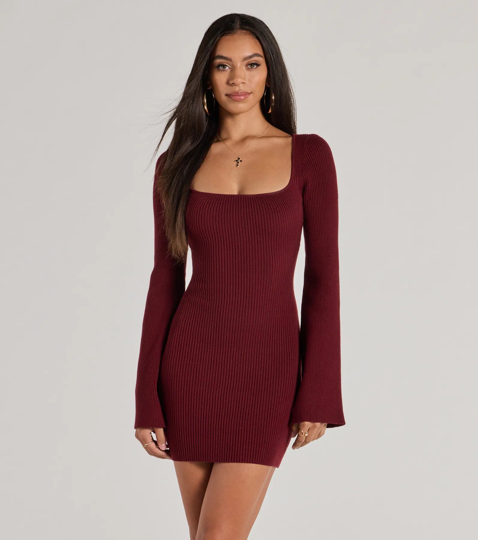 Red Dresses for Statement -Seasonal Staple Ribbed Knit Bell Sleeve Mini Dress