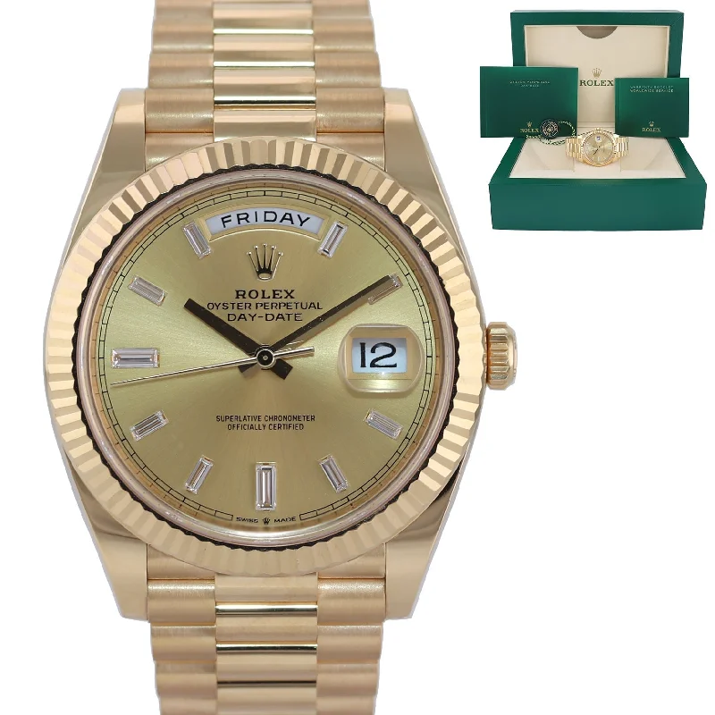 Dress watches for men with sleek design and minimalistic look -2020 Rolex Day-Date 40 President 228238 Champagne Baguette Diamond Gold Watch