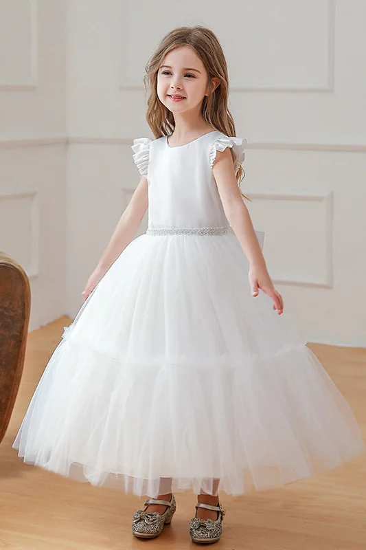 Ball Gown Dresses for Glamour -Ball-Gown Scoop Neck Satin/Tulle Flower Girl Dresses With Bow(s)/Beading 784695000859