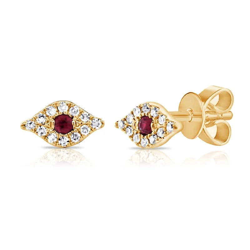 Drop Earrings with Keyhole Designs -Joelle Collection Evil Eye Studs Earrings Ruby & Diamonds 14K Gold - Evil Eye Ruby Earring