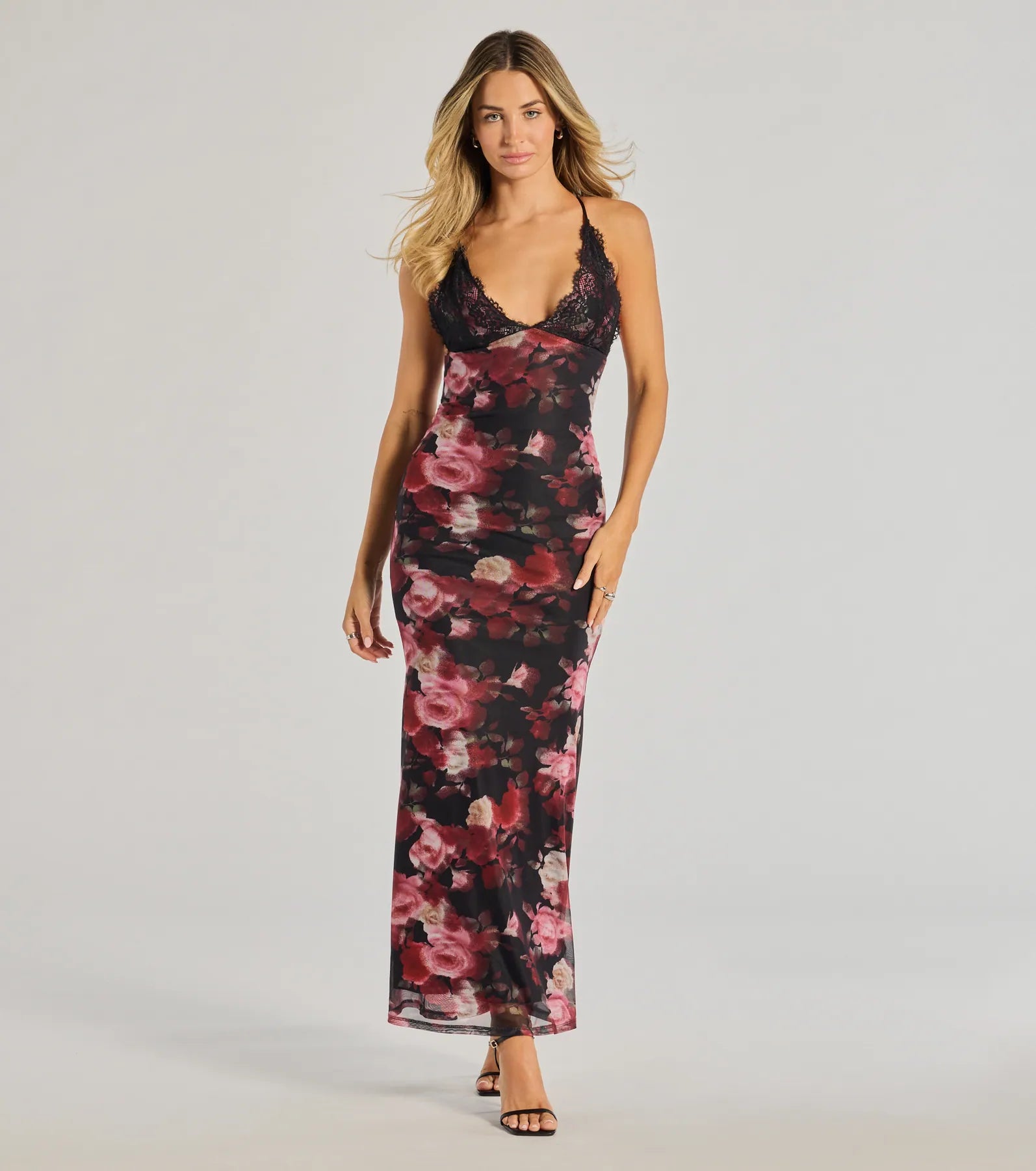 Gothic Dresses with Dark Tone -Whimsical Blooms Sleeveless Floral Maxi Dress