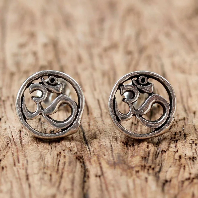 Drop Earrings for Wellness Routine -Handmade Sterling Silver 'Om Harmony' Earrings (Thailand) - 0.4D