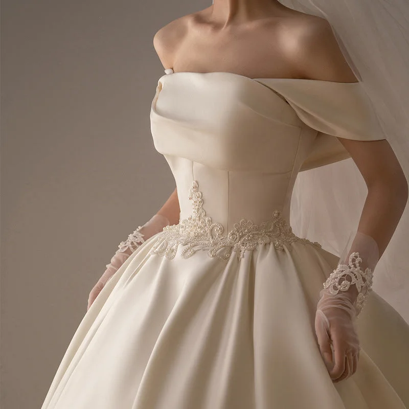 Christmas Dresses for Holiday -Women's Satin Off-shoulder Retro Fashion Trailing Wedding Dress