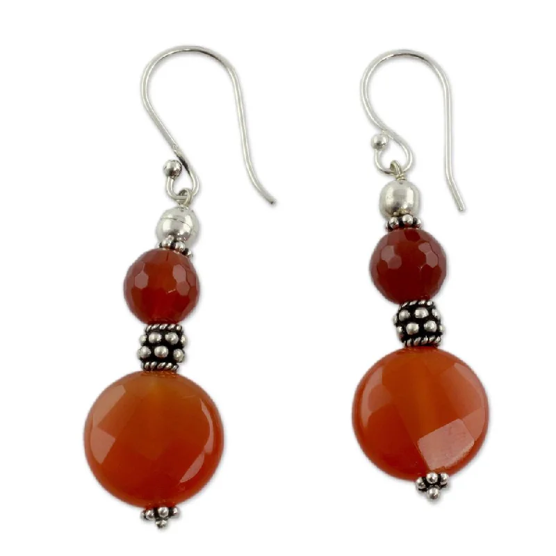 Clip On Drop Earrings for Non Pierced -Handmade Sterling Silver 'Sunny Delhi' Carnelian Earrings (India)