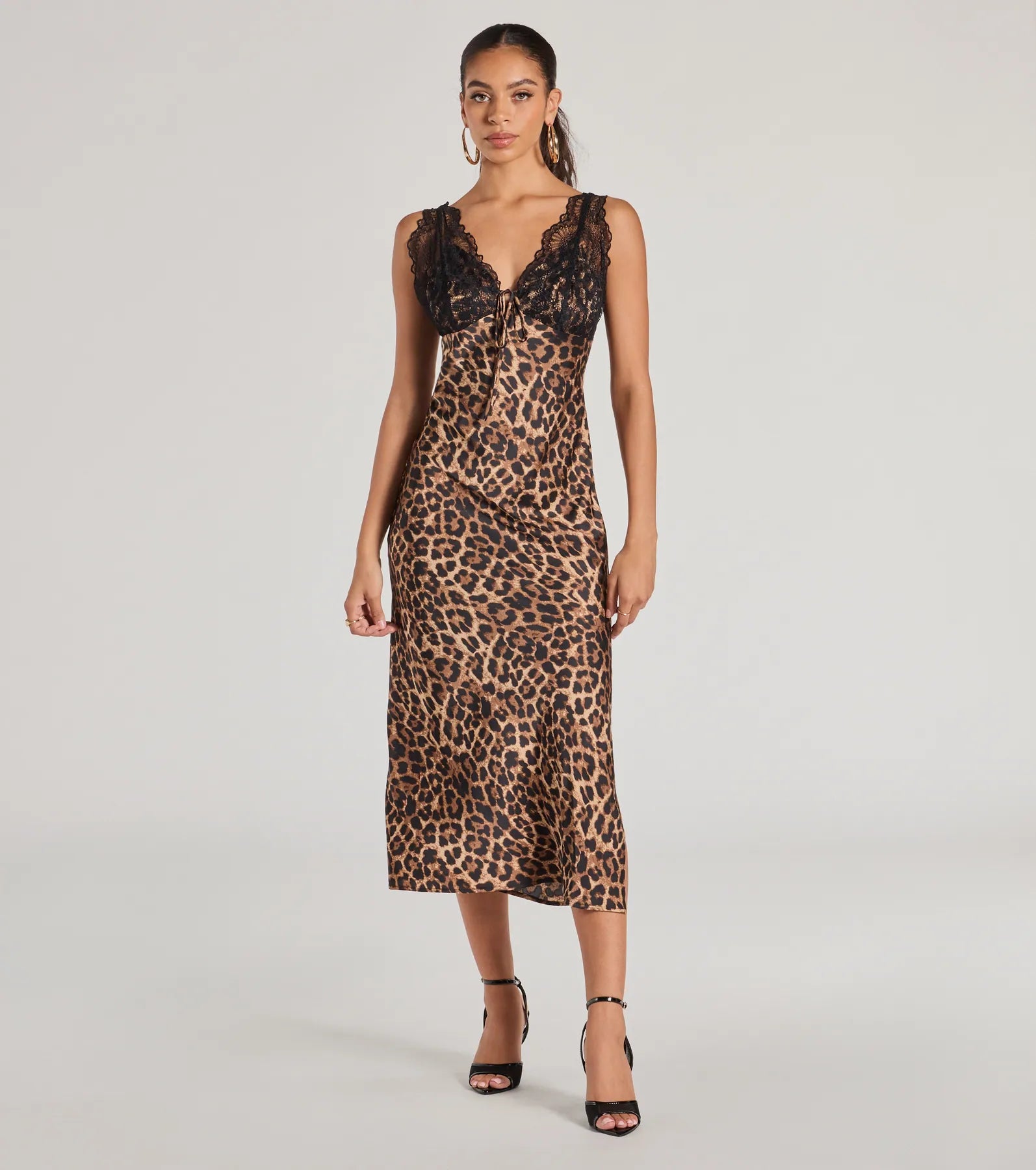 Christmas Dresses for Holiday -Sleek Leopard Print Lace And Satin Midi Dress