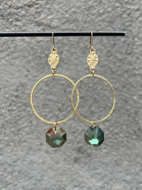 Drop Earrings with Filigree Work -Textured Hoop + Swarovski Earrings