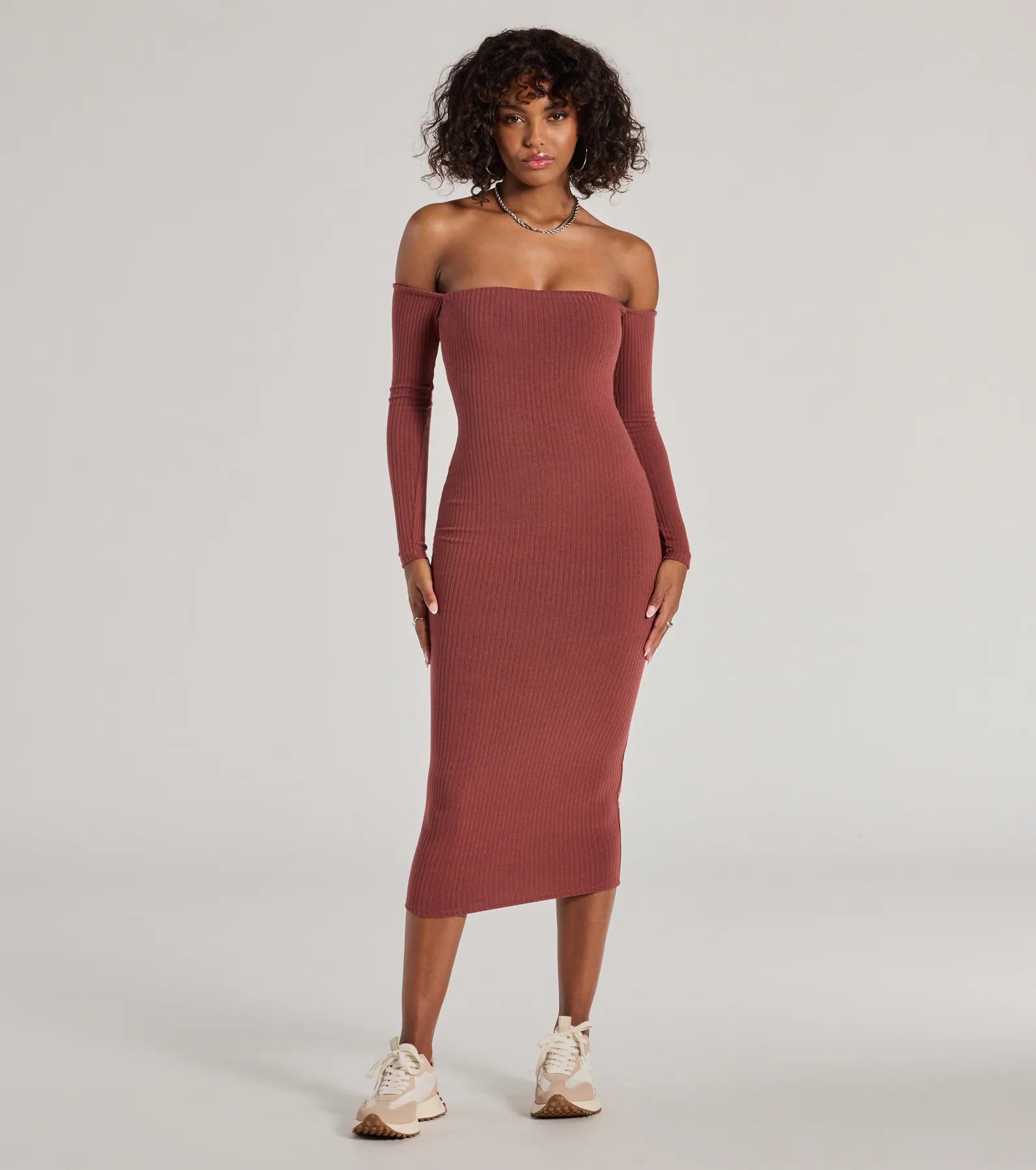 One-shoulder Dresses for Trendy -Carefree Chic Long Sleeve Ribbed Knit Midi Dress