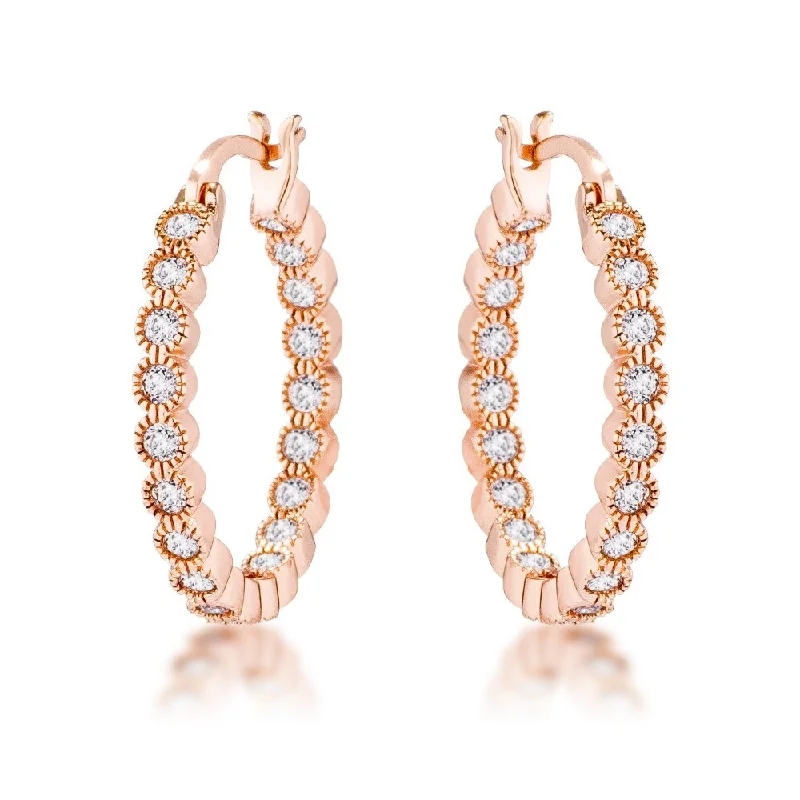 Maximalist Drop Earrings for Bling -Rose Gold Plated Dotted Clear Cz Round Bezel Hoop Earrings - Rose Gold - 23.7mm x 2.8mm x 2.4mm