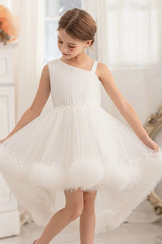 A-line Dresses for Flattering -Ball-Gown One Shoulder Tulle High-Low Flower Girl Dresses 797125420828