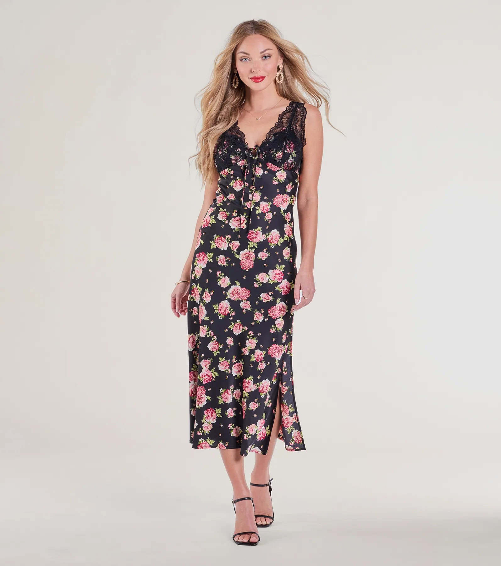 A-line Dresses for Flattering -Sunset Dinner Lace V-Neck Floral Satin Midi Dress