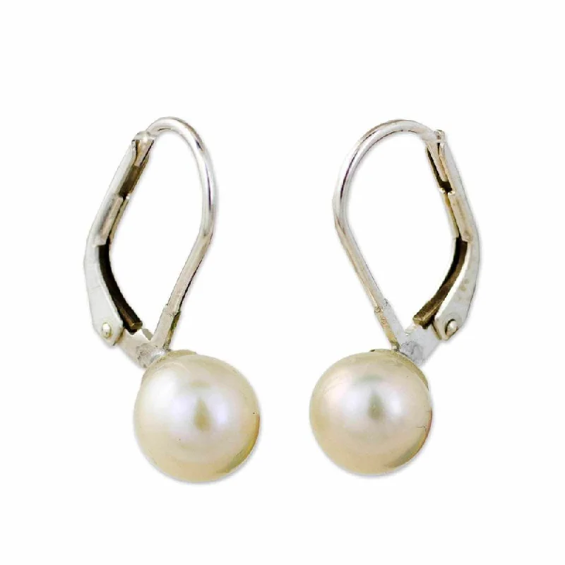 Drop Earrings with Embossed Patterns -Sterling Silver 'Pure Lily' Cultured Pearl Earrings