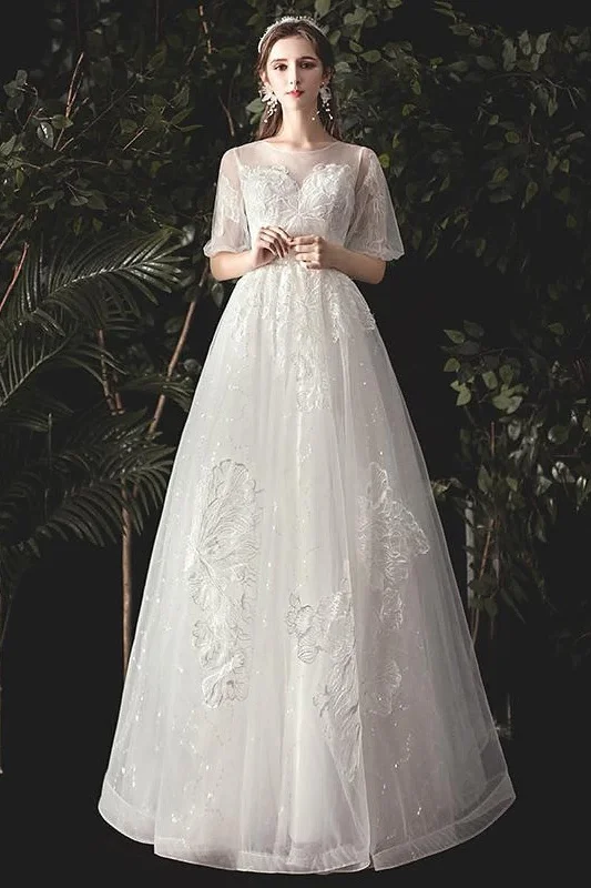 Embroidered Dresses for Detailed -A-Line Floor Length Lace Sparkle Tulle Wedding Dress 679817491233