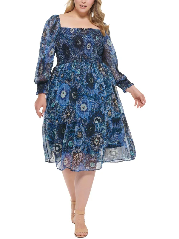 Denim Dresses for Casual Style -Plus Womens Printed Calf Midi Dress