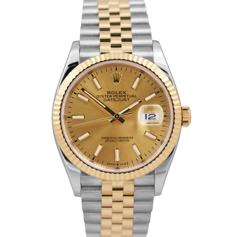 Mechanical watches for men with automatic movement and traditional appeal -MINT Rolex DateJust 36 CHAMPAGNE 18K Gold Steel JUBILEE Fluted 36mm 126233 Watch