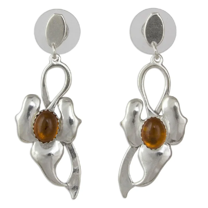 Drop Earrings with Wave Designs -Handcrafted Sterling Silver 'Honeyed Leaf' Amber Earrings (Mexico) - 48mmL*15mmW