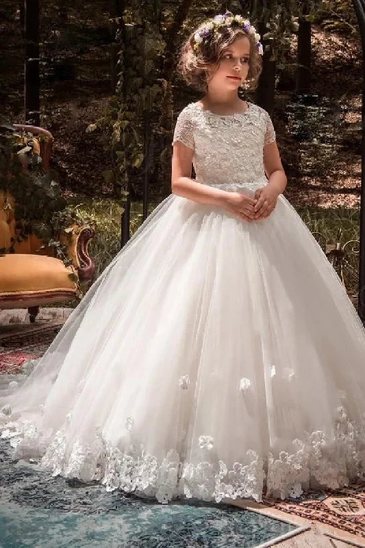 Vintage Dresses for Nostalgia -A-Line Scoop Neck Short Sleeve Tulle Court Train  Flower Girl Dresses  819345177220