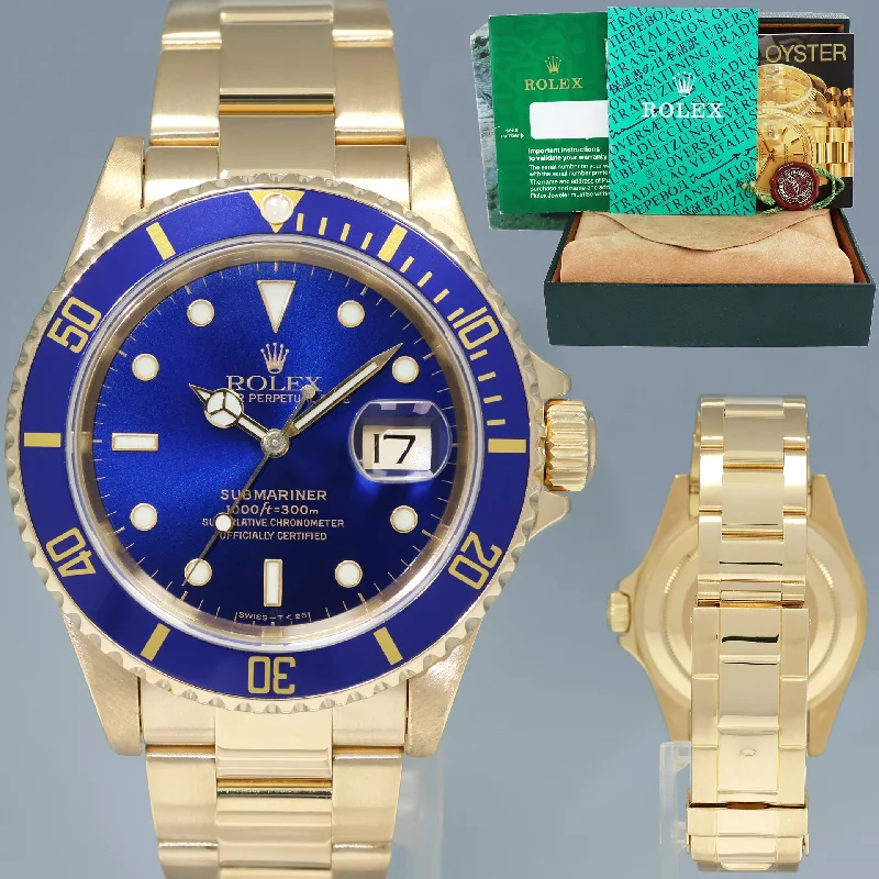 Luxury watches for women with rose gold accents and elegant designs -MINT Rolex 16618 Submariner Yellow Gold Blue Sunburst 40mm Watch Box