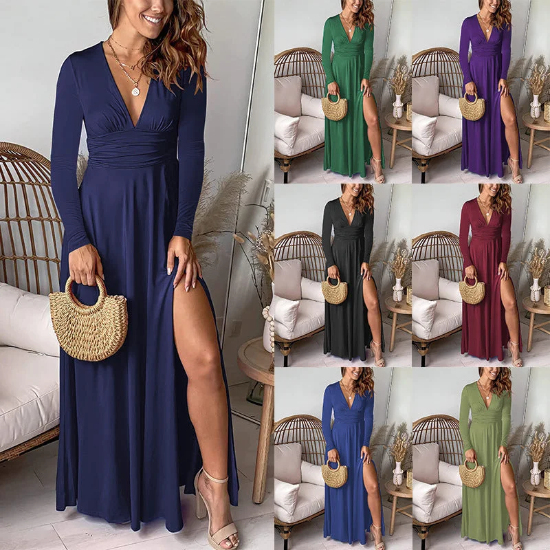 Graduation Dresses for Milestone -Deep V-neck Long Sleeve Dress Pleated Smocking High Waist Slit Club Party Evening Dress