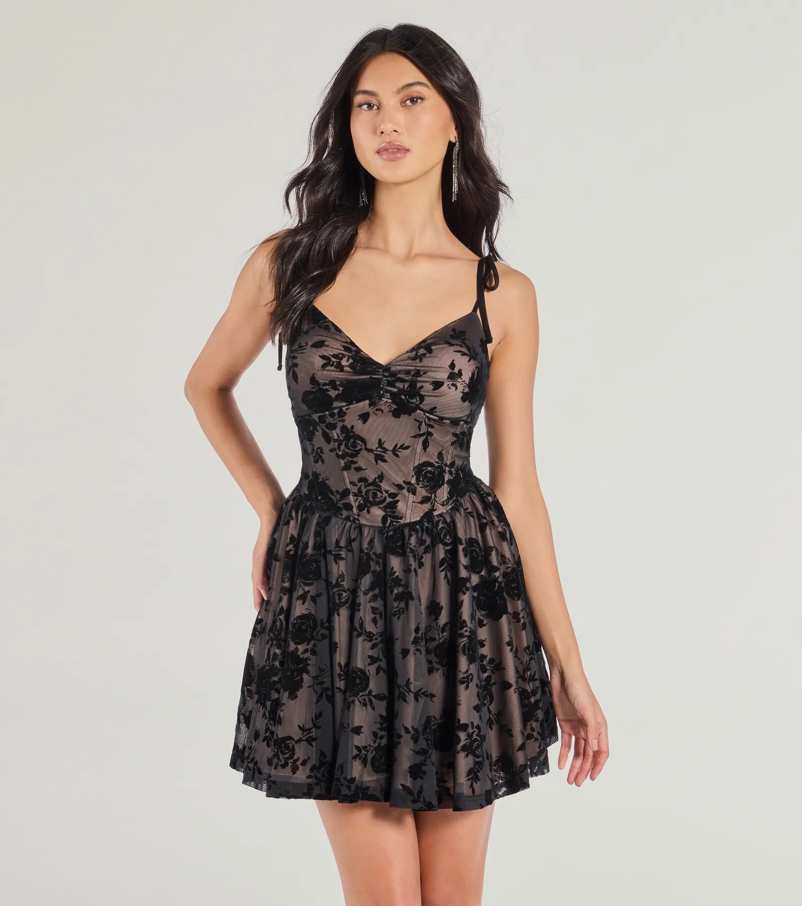 Mini Dresses for Youthful Look -Decadent Beauty Flocked Floral Velvet Skater Dress